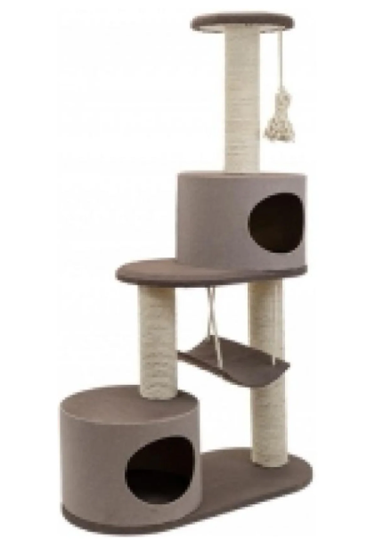 Домик-когтеточка квадратный три уровня с двумя домиками и гамаком для кошек коричневый Дарэлл eco баюн мех джут 72х36х124.5см