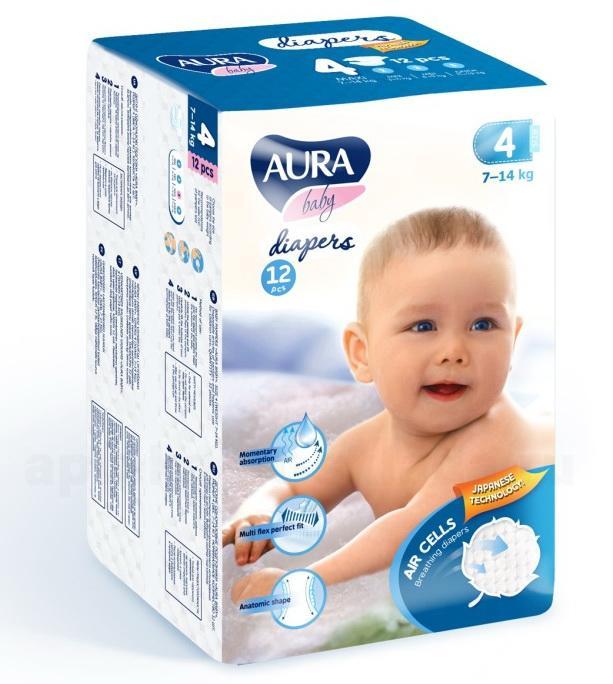 Аура baby diapers подгузники детские (размер 4) 7-14кг N 12