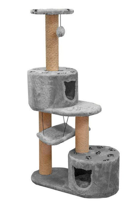 Домик-когтеточка круглый три уровня с двумя домиками и гамаком для кошек серый Дарэлл eco матроскин мех джут 72х36х124.5см