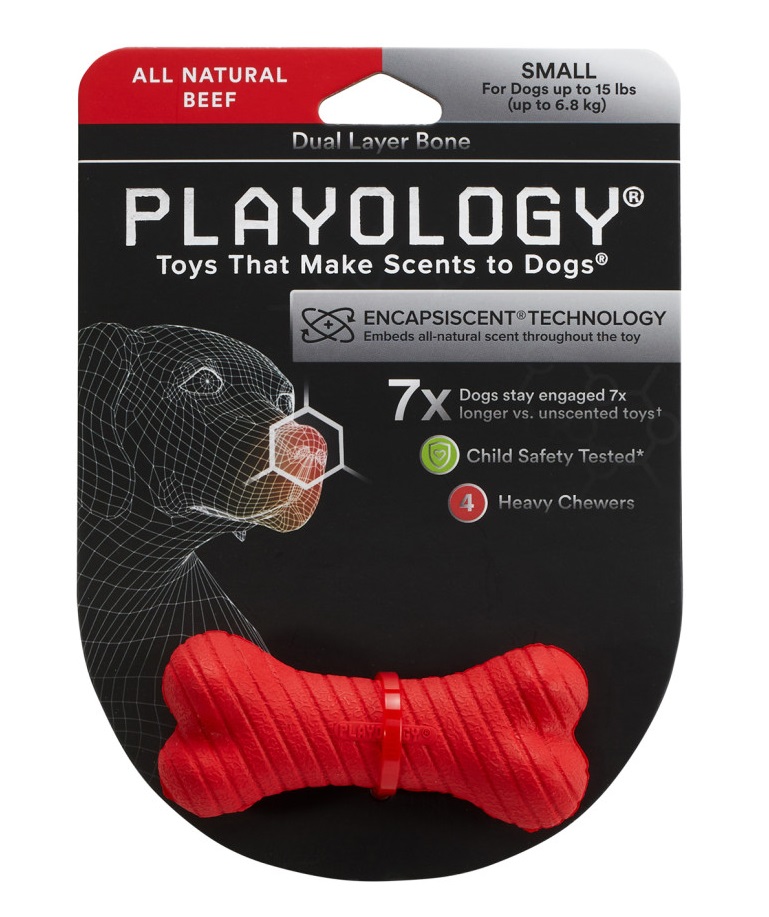 Игрушка косточка жевательная двухслойная для собак красная Playology dual layer bone маленькая с ароматом говядины