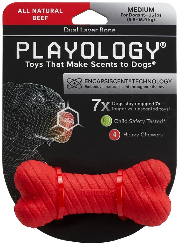 Игрушка косточка жевательная двухслойная для собак красная Playology dual layer bone средняя с ароматом говядины