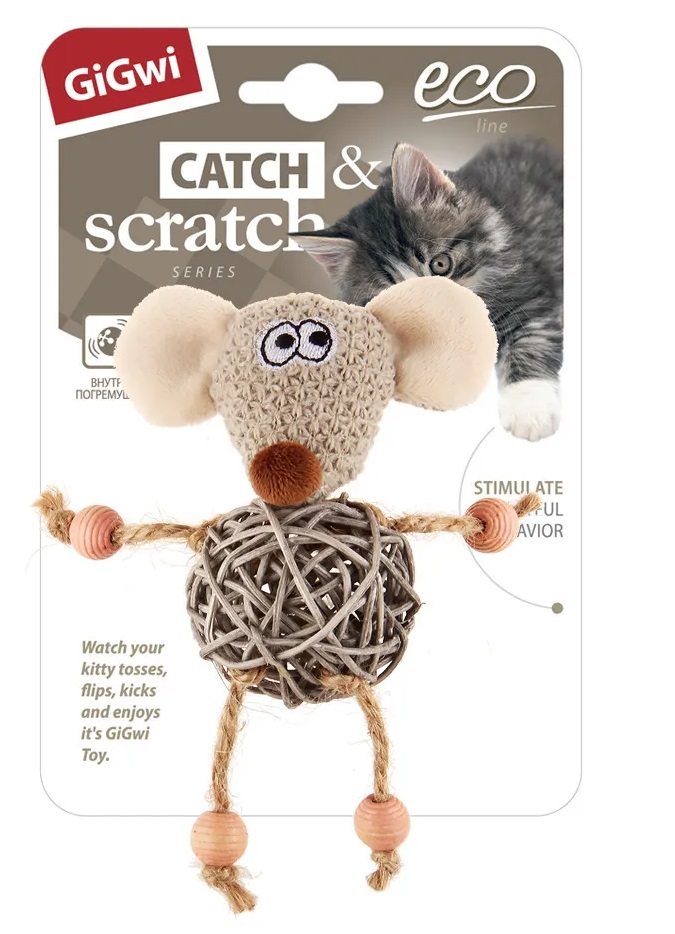Игрушка мышка с плетеным мячиком и колокольчиком для кошек Gigwi 75521