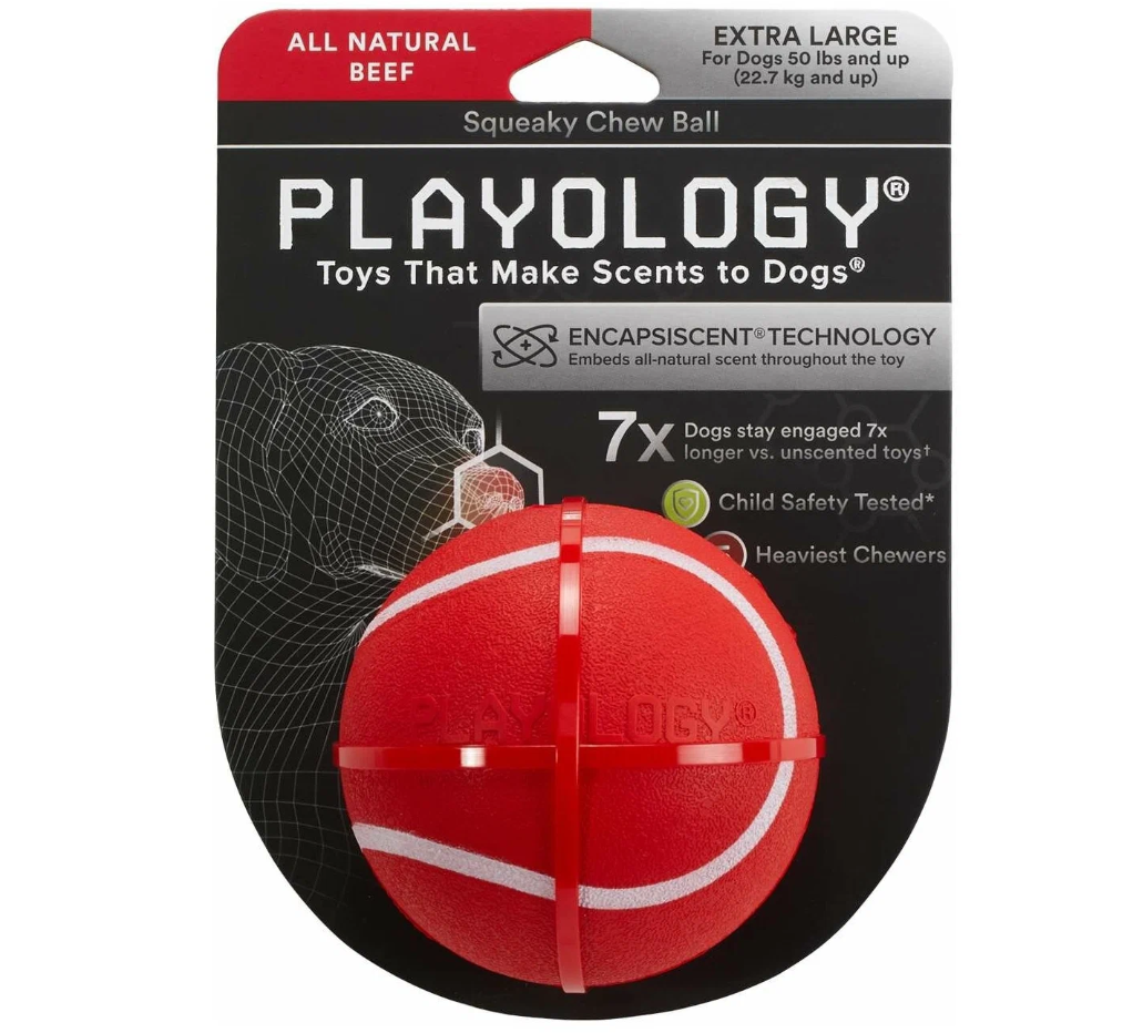 Игрушка мяч жевательный хрустящий с пищалкой для собак красный Playology squeaky chew ball 8см с ароматом говядины