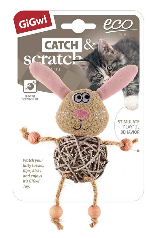 Игрушка зайчик с плетеным мячиком и колокольчиком для кошек Gigwi catch scratch eco 8см