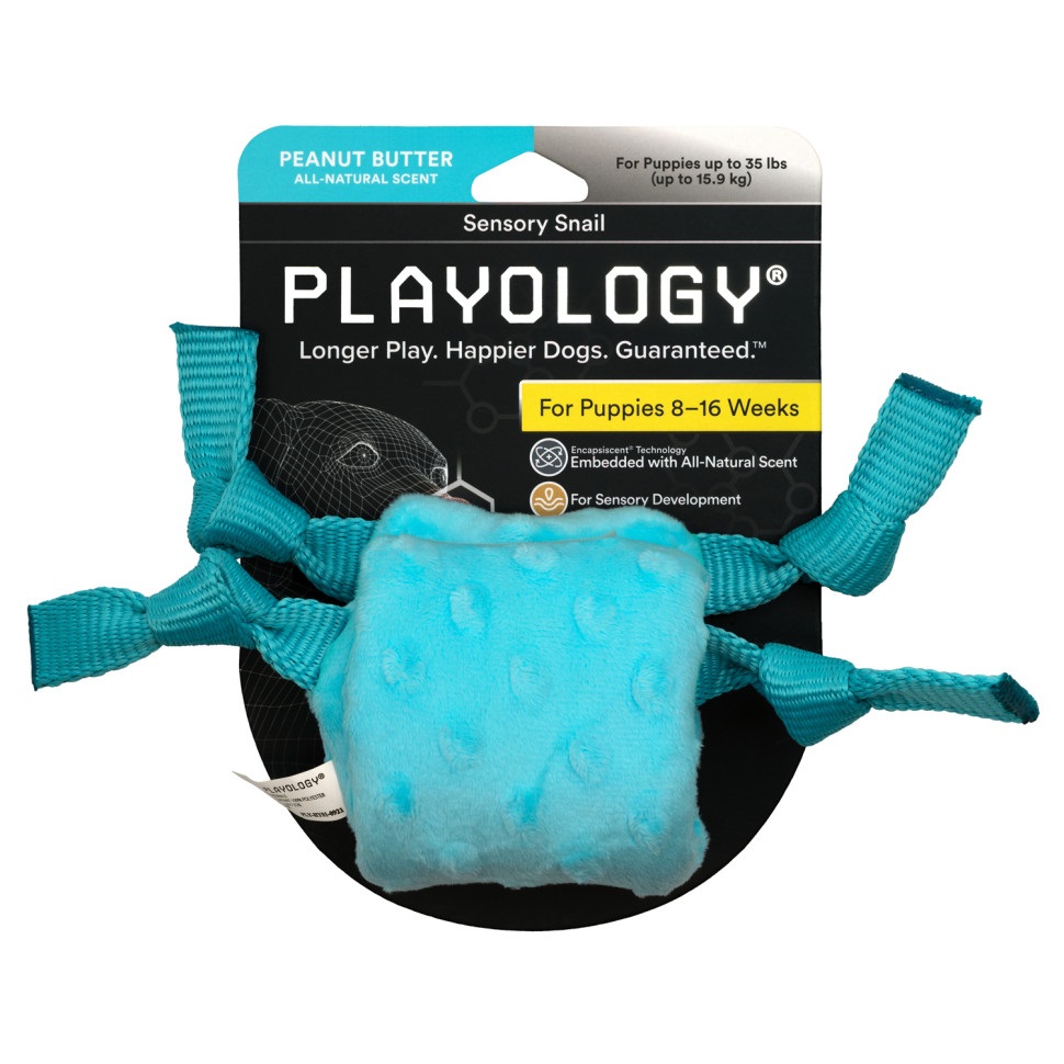 Игрушка улитка сенсорная плюшевая для щенков голубая Playology puppy sensory snail с ароматом арахиса