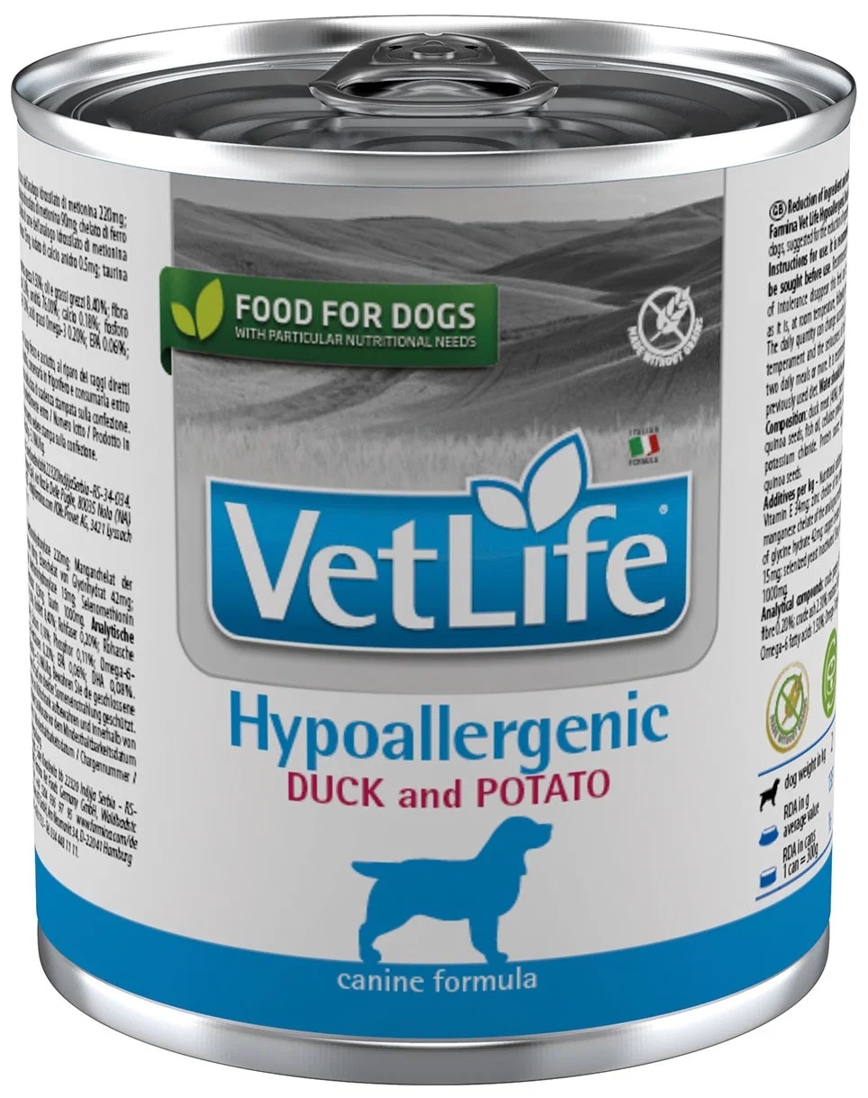 Корм гипоаллергенный для собак Farmina vet life dog hypoallergenic паштет 300 г бан. с уткой и картофелем