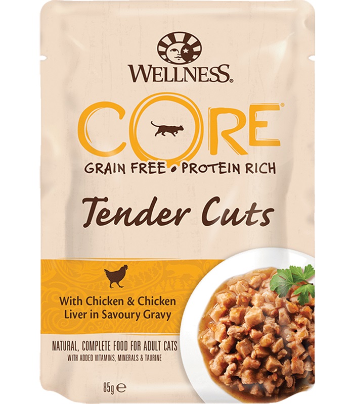 Корм для кошек Wellness core tender cuts 85 г пауч нарезка в соусе курица с куриной печенью