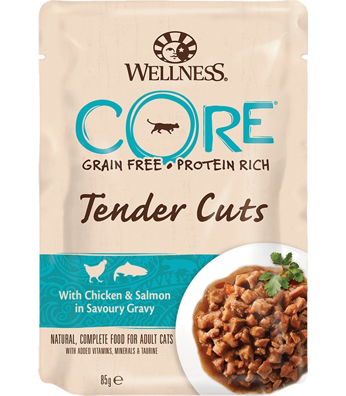 Корм для кошек Wellness core tender cuts 85 г пауч нарезка в соусе курица с лососем