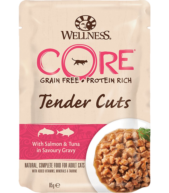 Корм для кошек Wellness core tender cuts 85 г пауч нарезка в соусе лосось с тунцом