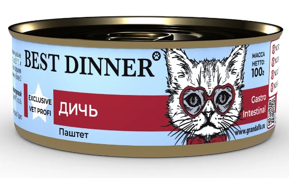 Корм для кошек с чувствительным пищеварением Best dinner exclusive vet profi gastro intestinal паштет 100 г бан. дичь