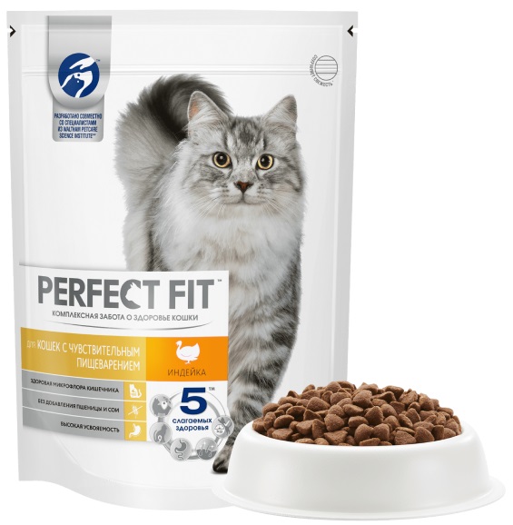 Корм для кошек с чувствительным пищеварением Perfect fit 2.5 кг индейка