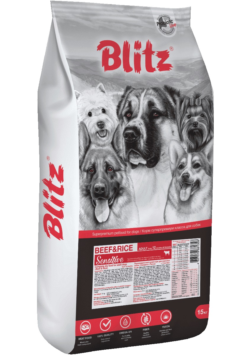 Корм для собак Blitz sensitive 15 кг говядина и рис