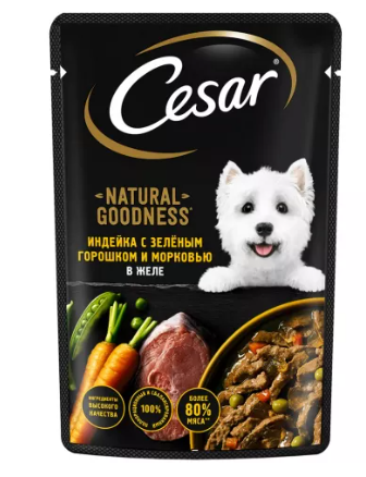 Корм для собак Cesar 80 г пауч индейка с горошком и морковью в желе