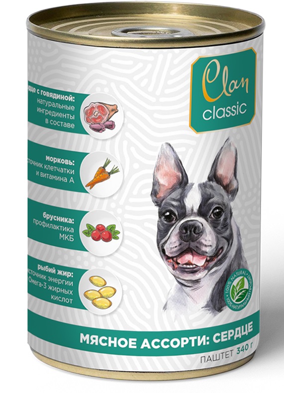 Корм для собак Clan classic мясное ассорти паштет 340 г бан. сердце