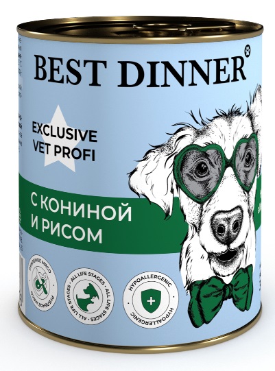 Корм для собак и щенков c 6мес. Best dinner exclusive hypoallergenic профилактика пищевой аллергии 340 г с кониной и рисом