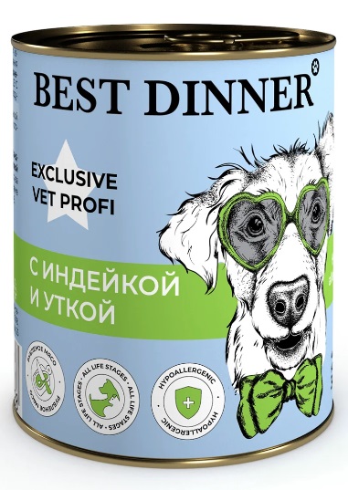 Корм для собак и щенков с 6 мес Best dinner exclusive hypoallergenic профилактика пищевой аллергии 340 г с индейкой и уткой