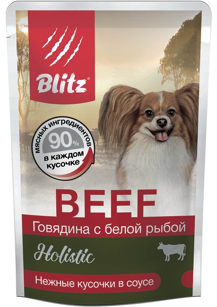 Корм для собак мелких пород Blitz holistic 85 г пауч говядина с белой рыбой кусочки в соусе