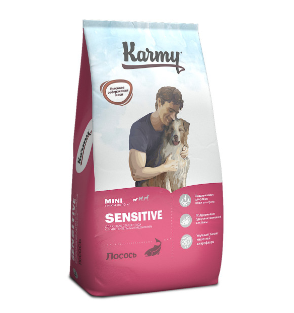 Корм для собак мелких пород с чувствительным пищеварением Karmy sensitive mini 10 кг лосось