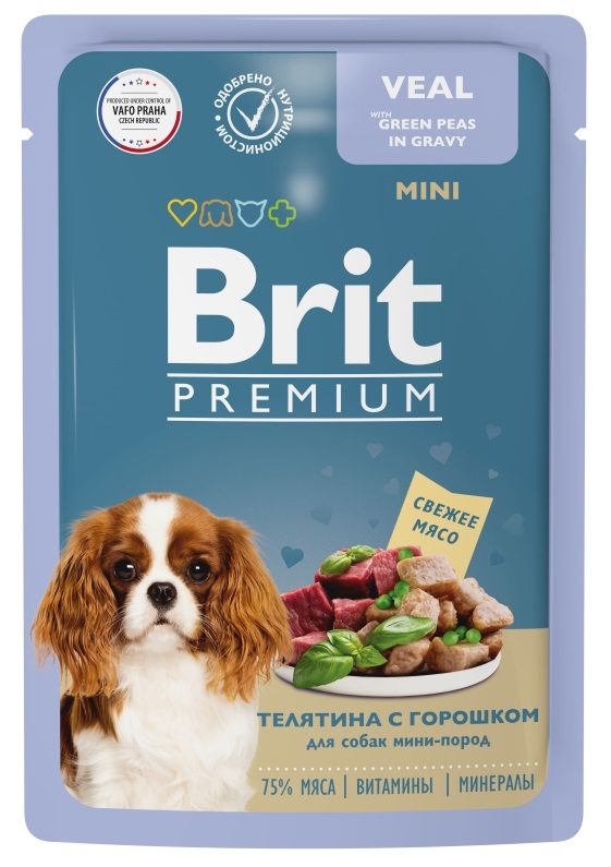 Корм для собак мини пород Brit premium 85 г пауч телятина с зеленым горошком в соусе
