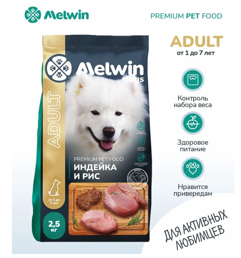 Корм для собак от 1 до 7 лет Melwin 2.5 кг индейка/рис