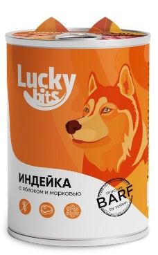Корм для собак с 6 месяцев Lucky bits 400 г бан. индейка с яблоком и морковью