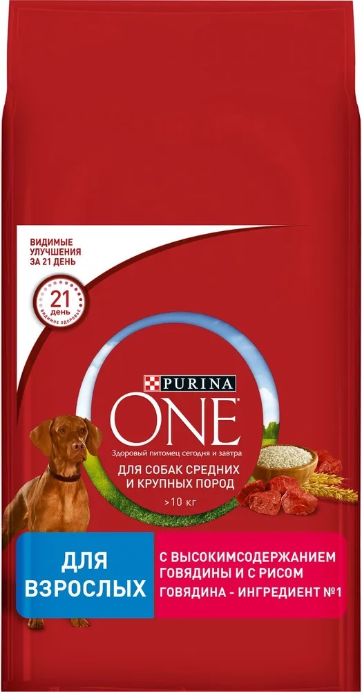 Корм для собак средних и крупных пород Purina one 10 кг говядина/рис