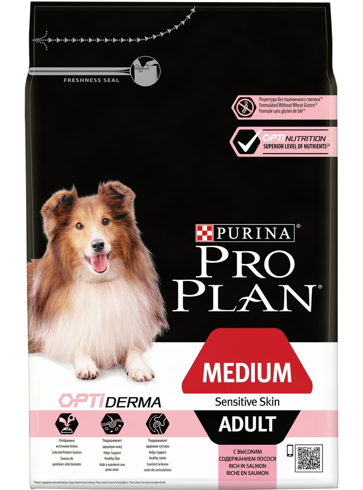 Корм для собак средних пород с чувствительной кожей Purina pro plan 12 кг+2кг лосось