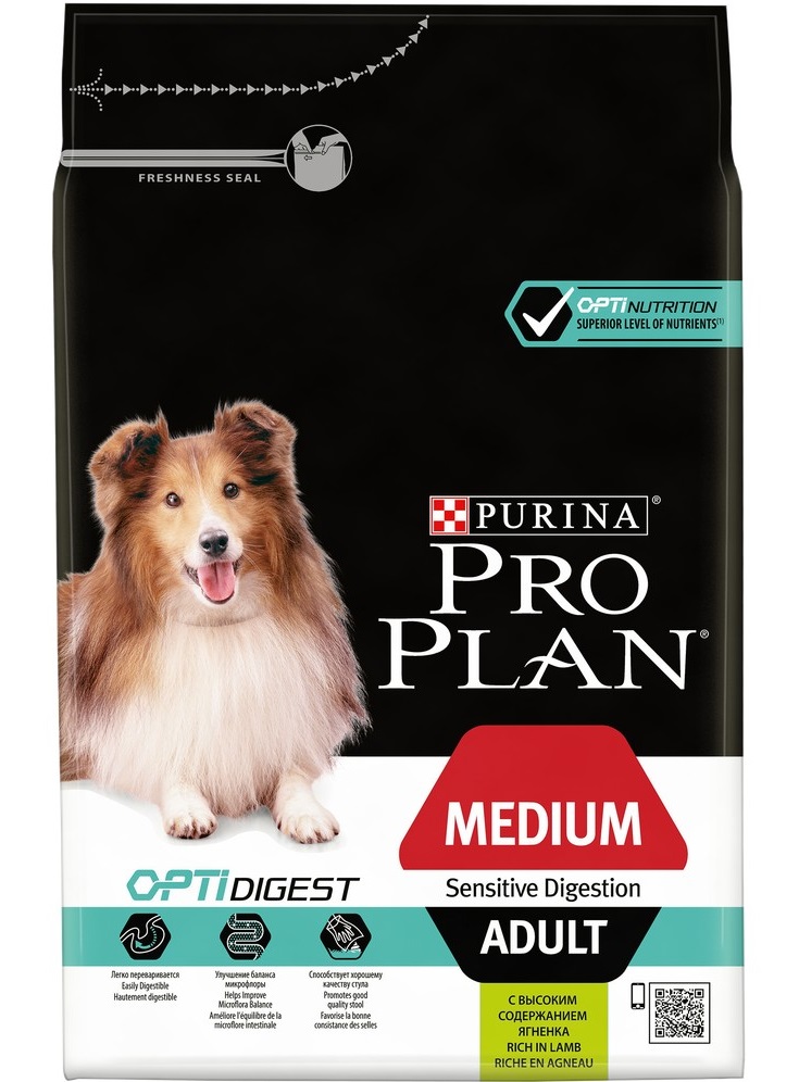Корм для собак средних пород с чувствительным пищеварением Purina pro plan 12 кг+2кг ягненок