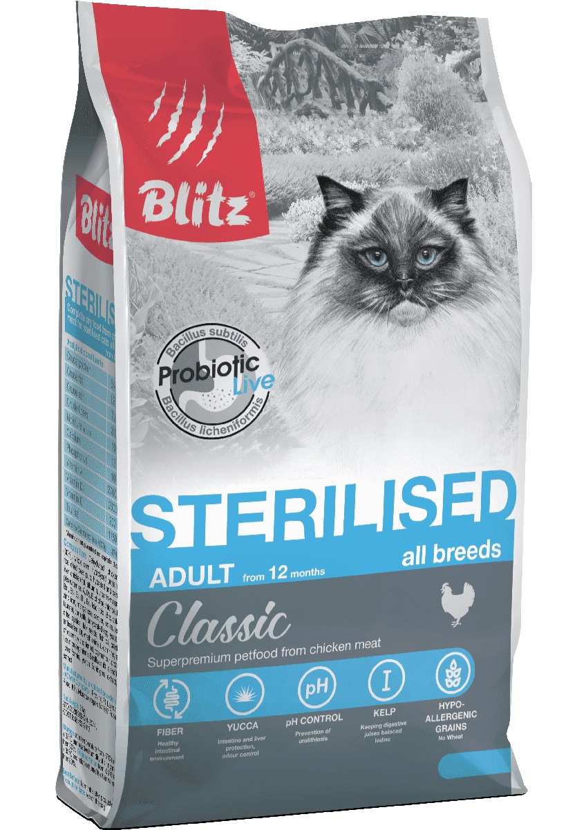 Корм для стерилизованных кошек Blitz classic 2 кг с курицей