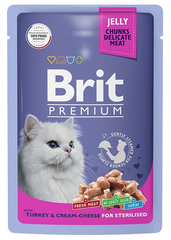 Корм для стерилизованных кошек Brit premium 85 г пауч индейка с сыром в желе