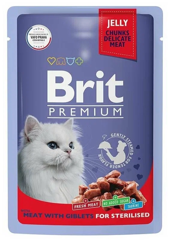 Корм для стерилизованных кошек Brit premium 85 г пауч мясное ассорти с потрошками в желе