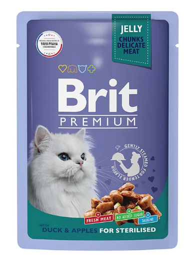 Корм для стерилизованных кошек Brit premium 85 г пауч утка с яблоками в желе