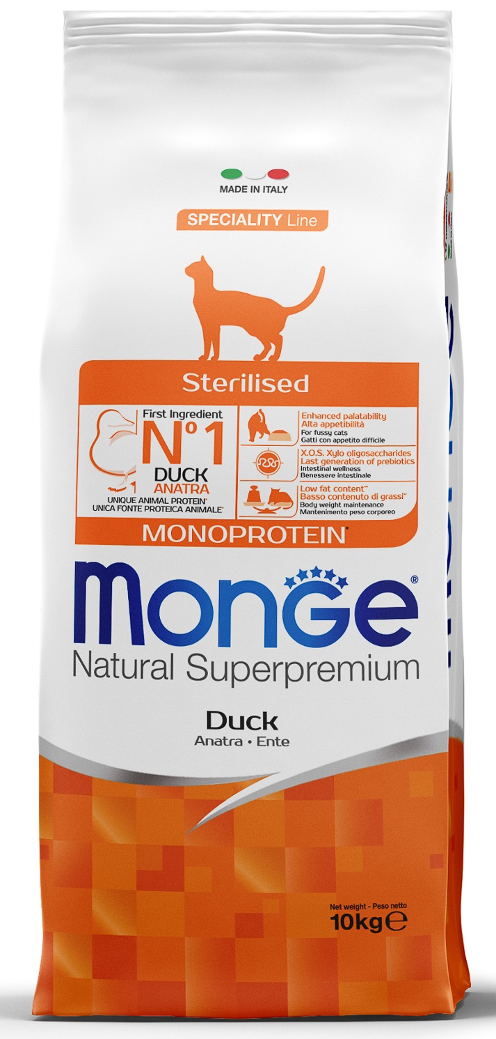 Корм для стерилизованных кошек Monge cat monoprotein 10 кг утка