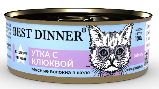 Корм для стерилизованных кошек и кастрированных котов Best dinner exclusive профилактика мкб 100 г бан. утка с клюквой