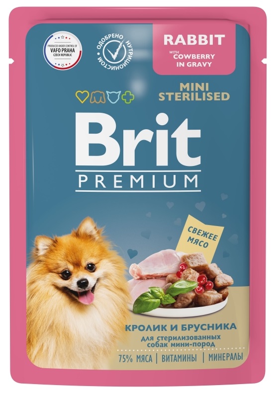 Корм для стерилизованных собак мини пород Brit premium 85 г пауч кролик и брусника в соусе