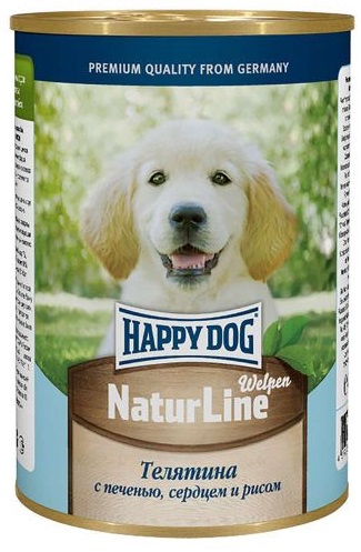 Корм для щенков Happy dog natur line 410 г бан. телятина с печенью,сердцем и рисом