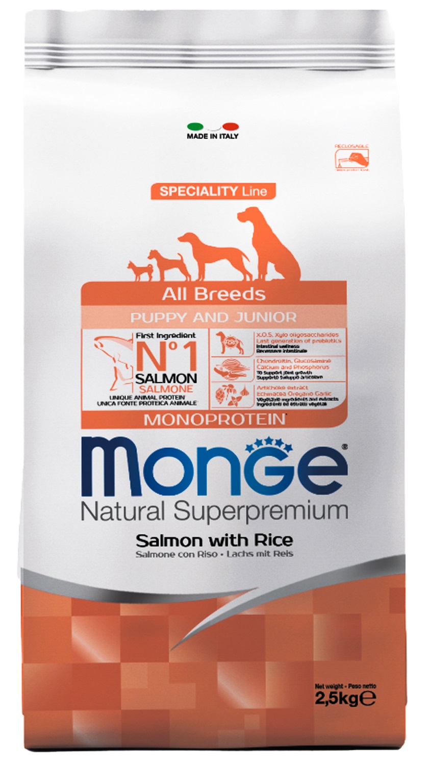 Корм для щенков всех пород Monge dog speciality line puppy&junior 2.5 кг лосось с рисом