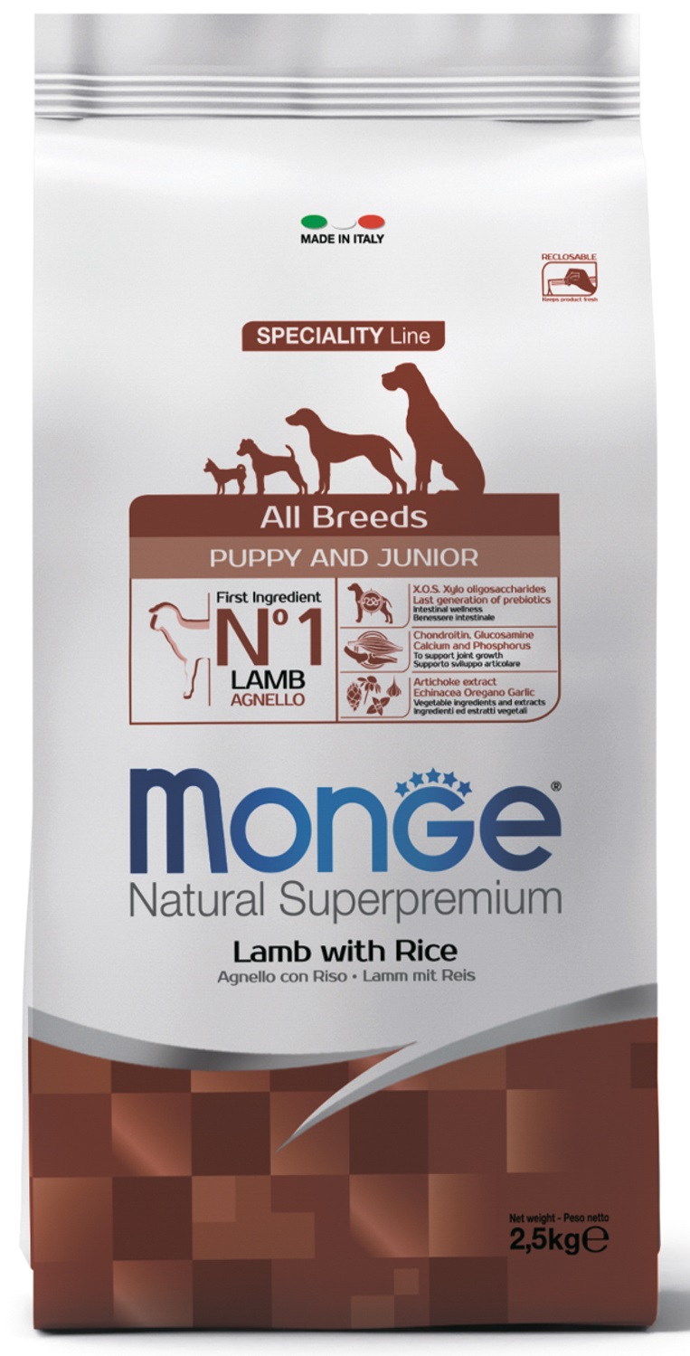 Корм для щенков всех пород Monge dog speciality line puppy&junior 2.5 кг ягненок с рисом и картофелем
