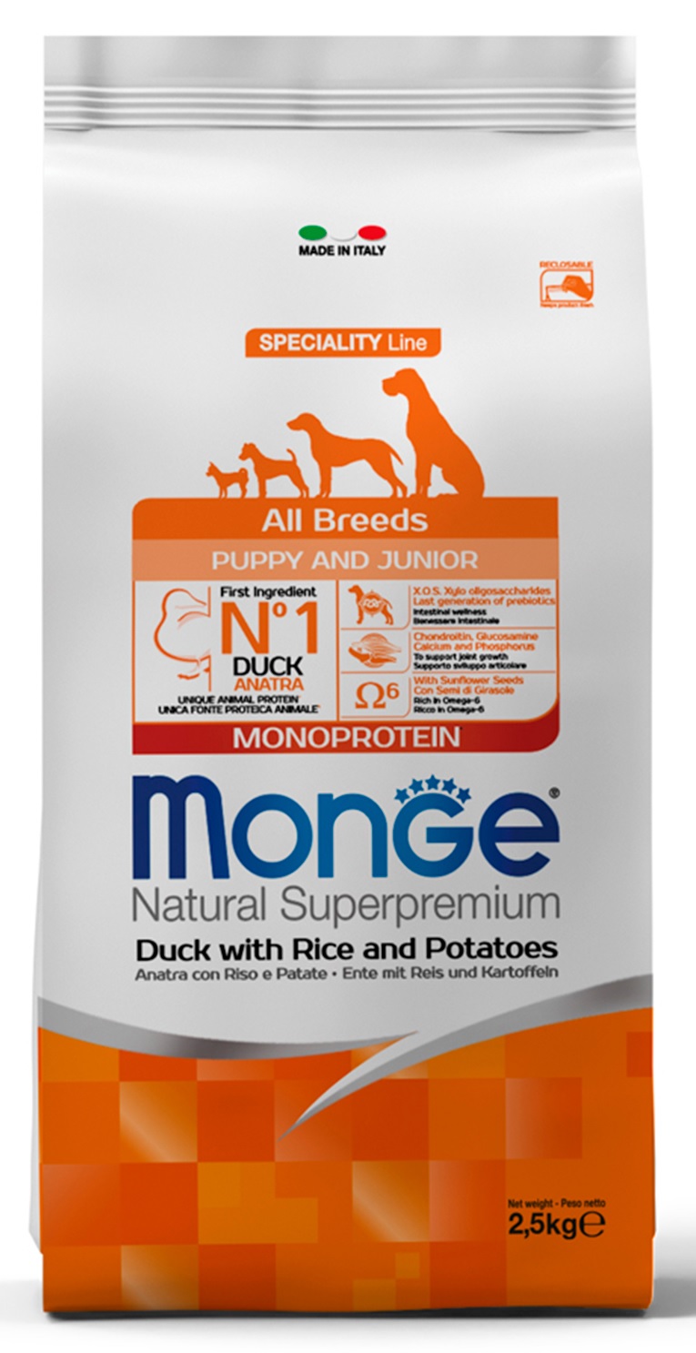 Корм для щенков всех пород Monge dog speciality line puppy&junior monoprotein 2.5 кг утка с рисом и картофелем