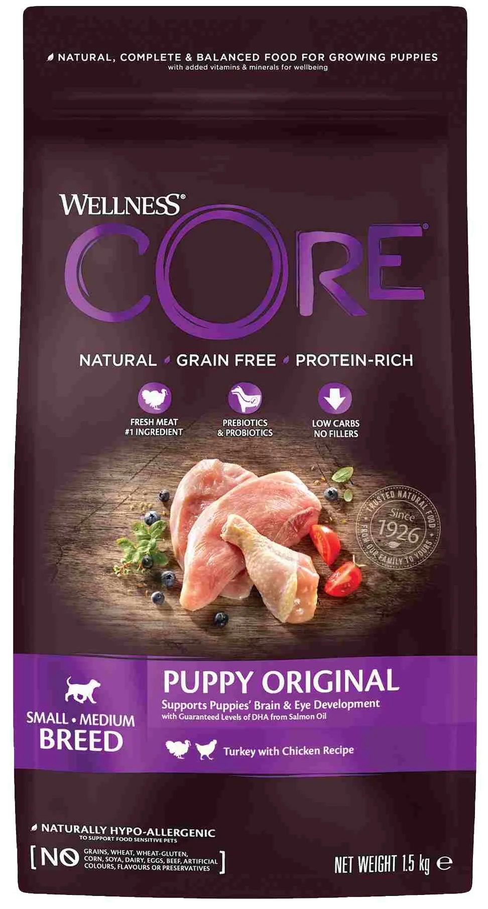 Корм для щенков мелких и средних пород Wellness core 1.5 кг индейка с курицей