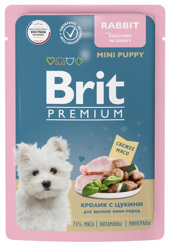 Корм для щенков мини пород Brit premium 85 г пауч кролик с цукини в соусе