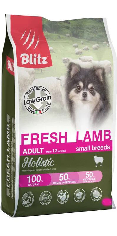Корм низкозерновой для собак мелких пород Blitz holistic 1.5 кг свежий ягненок