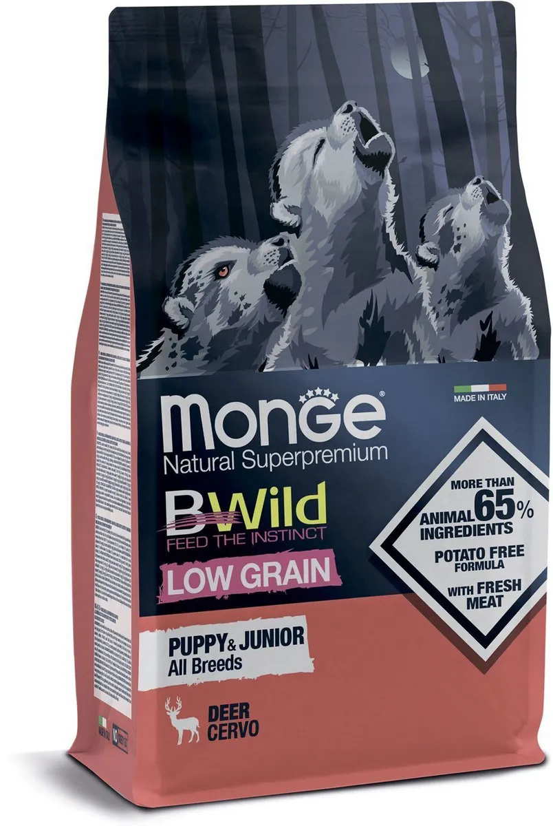 Корм низкозерновой для щенков всех пород Monge bwild dog puppy&junior 12 кг из мяса оленя