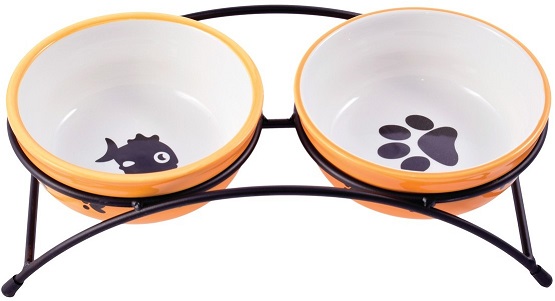 Миска керамическая двойная на подставке для собак и кошек оранжевая Керамикарт 290 мл х2
