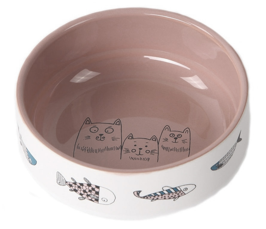 Миска керамическая для кошек бежевая Joy коты с рыбками 380 мл 12.5см