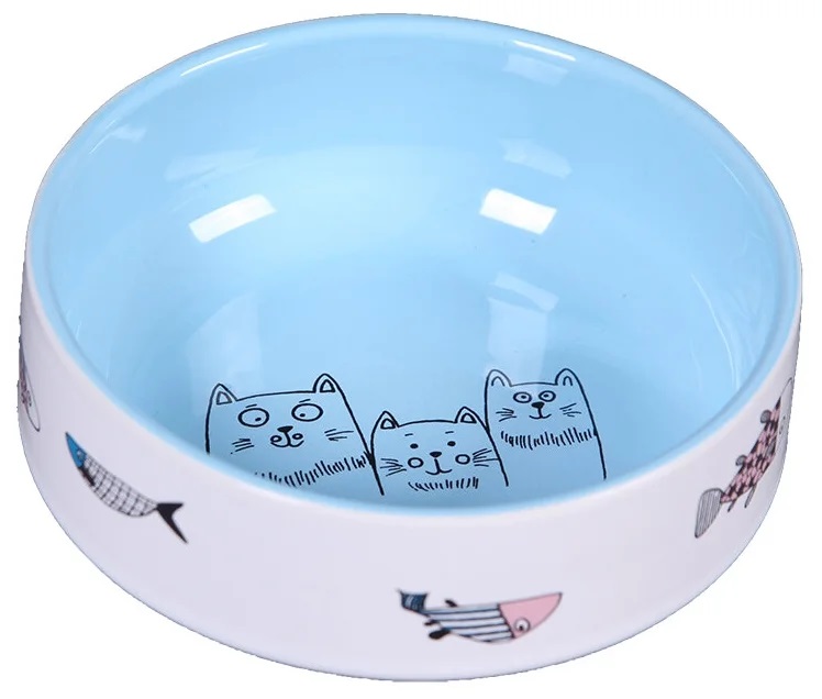 Миска керамическая для кошек голубая Joy коты с рыбками 380 мл 12.5см