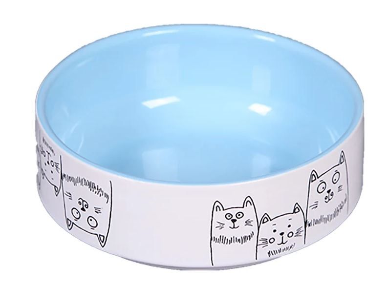 Миска керамическая для кошек голубая Joy три кота 380 мл 12.5см