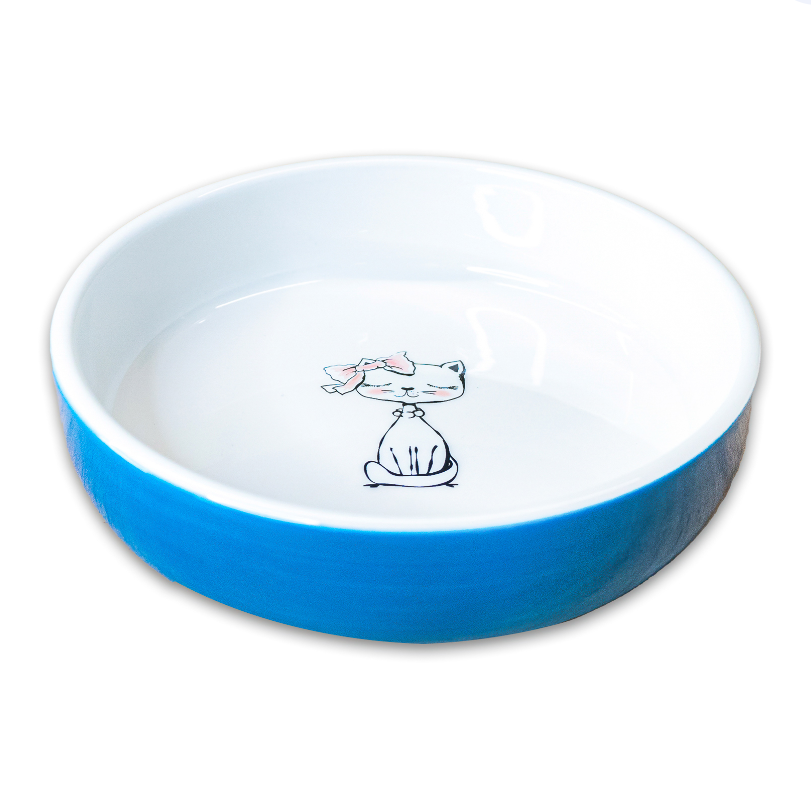 Миска керамическая для кошек голубая Mr.kranch кошка с бантиком 370 мл
