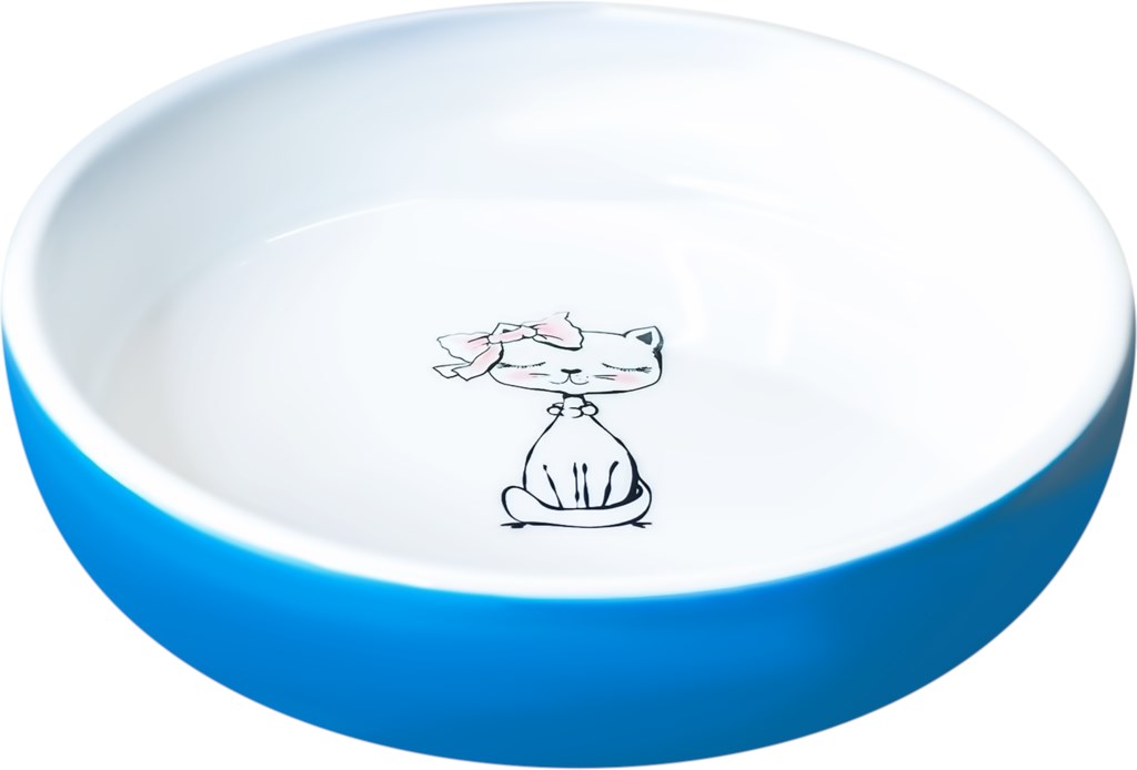 Миска керамическая для кошек голубая Керамикарт кошка с бантиком 370 мл