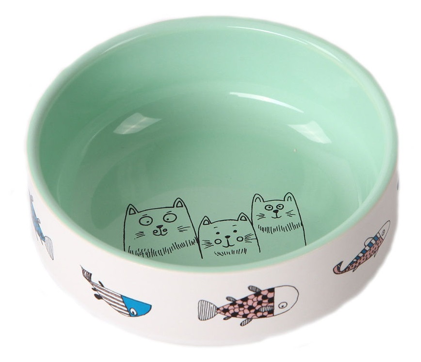 Миска керамическая для кошек зеленая Joy коты с рыбками 380 мл 12.5см